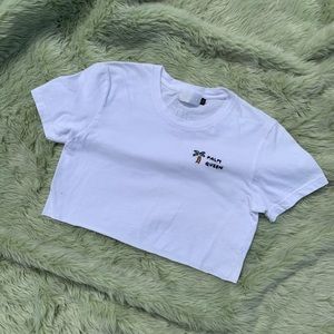 White Crop Tee w/ “PALM QUEEN” embroidery, XS